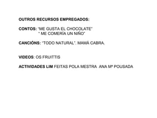 OUTROS RECURSOS EMPREGADOS:
CONTOS: “ME GUSTA EL CHOCOLATE”
“ ME COMERÍA UN NIÑO”
CANCIÓNS: “TODO NATURAL”. MAMÁ CABRA.
VIDEOS: OS FRUITTIS
ACTIVIDADES LIM FEITAS POLA MESTRA ANA Mª POUSADA
 