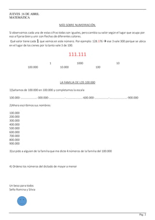 Pág. 2
JUEVES 16 DE ABRIL
MATEMÁTICA
MÁS SOBRE NUMERRACIÓN.
Si observamos cada una de estas cifras todas son iguales, pero...