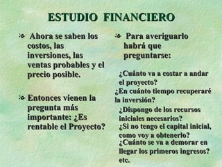 ESTUDIO  FINANCIERO Ahora se saben los costos, las inversiones, las ventas probables y el precio posible. Entonces vienen la pregunta más importante: ¿Es rentable el Proyecto? Para averiguarlo habrá que preguntarse:  ¿Cuánto va a costar a andar el proyecto? ¿En cuánto tiempo recuperaré la inversión? ¿Dispongo de los recursos  iniciales necesarios? ¿Si no tengo el capital inicial, como voy a obtenerlo? ¿Cuánto se va a demorar en  llegar los primeros ingresos? etc. 