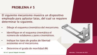 miércoles, 13 de enero de 2021
M. En C. Ignacio Delgado Hernández
El siguiente mecanismo muestra un dispositivo
empleado para aplastar latas, del cual se requiere
determinar lo siguiente.
PROBLEMA # 5
• Dibuje el esquema cinemático del mecanismo.
• Identifique en el esquema cinemático el
número de eslabones y pares cinemáticos.
• Indique los tipos de grados de libertad
existentes en el mecanismo.
• Determine el grado de movilidad (M)
 