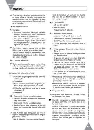 SOLUCIONESSOLUCIONES
UNIDAD
1
105
©GRUPOANAYA,S.A.LenguayLiteratura2.°ESO.Materialfotocopiableautorizado.
4 En el género narrativo, porque está escrito
en prosa y hay un narrador que cuenta los
acontecimientos que les suceden a unos
personajes (a Marcelina, a Macaria, al médi-
co, al narrador...).
5 Hay tres enunciados.
6 Ejemplos:
• Sintagmas nominales: «la nogala de la tía
Bibiana»,«el tendido de la luz»,«un calam-
bre», «un acceso de histerismo»...
• Sintagmas verbales: «pasa por cima»,
«traían mucha carga», «hubo en el pueblo
sus más y sus menos»,«era una pena»,«se
lograban sus frutos»...
7 Electricidad: palabra aguda que no lleva
tilde porque no acaba en n, s ni en vocal.
Médico: palabra esdrújula; siempre lleva tilde.
Hojalata: palabra llana que no lleva tilde por-
que acaba en vocal.
8 La función referencial.
9 En los pueblos castellanos se suele utilizar
el femenino (nogala) cuando el árbol (nogal)
es muy grande, con una copa muy ancha.
ACTIVIDADES DE AMPLIACIÓN
1 a) Falsa. No exige la presencia del emisor y
del receptor.
b) Verdadera.
c) Falsa.Es necesario describir los gestos y los
tonos de voz de las personas que hablan.
d) Falsa. Se aprende más tarde que la comu-
nicación oral.
e) Verdadera.
2 • Referencial: informa sobre la realidad.
• Emotiva: el emisor expresa sus sentimien-
tos y emociones.
• Referencial: informa sobre la realidad.
• Metalingüística: hace referencia a las uni-
dades de comunicación que se están utili-
zando.
3 Texto A: lírico. Está compuesto en verso y
expresa emociones por medio de un lengua-
je cuidado y bello.
Texto B: didáctico. Pretende enseñarnos algo.
Texto C: narrativo. Un narrador nos cuenta
una serie de acontecimientos que le suce-
den a un personaje.
4 – ¡Ten cuidado!
– ¿Te vas tan pronto?
– ¡Que listo eres!
– Yo quiero uno de aquellos.
5 – Alejandro, limpia la casa.
– ¡Alejandro ha limpiado toda la casa!
– ¿Alejandro ha limpiado toda la casa?
– Ojalá Alejandro limpie toda la casa.
– Quizás Alejandro haya limpiado toda la
casa.
6 – Yo lo compré. Sintagma verbal. Núcleo:
Compré.
– Beatriz acabó muy tarde. Sintagma adver-
bial. Núcleo: tarde.
– El primo de Javier es muy divertido.
Sintagma adjetival. Núcleo: divertido.
– La casa de campo estaba cerca de la
capital. Sintagma adverbial. Núcleo: cerca.
– La clase de lengua fue muy amena.
Sintagma nominal. Núcleo: clase.
– Ellas querían ir a la fiesta. Sintagma nomi-
nal. Núcleo: ellas.
7 • Un texto es coherente cuando todo lo que
se dice en él tiene relación con el tema
principal y está ordenado.
• Un texto es adecuado cuando se tiene en
cuenta a las personas a las que se dirigen
y las circunstancias en que se emiten.
8 Respuesta libre.
9 Respuesta libre. Ejemplos: Cáceres, Córdo-
ba, Málaga, León, Ávila.
10 Compás – compases.La palabra en singular
es aguda con tilde, y en plural pasa a ser
llana sin tilde.
Carácter – caracteres. La palabra en singular
es llana, y en plural pasa a ser llana sin tilde.
Joven – jóvenes. La palabra en singular es
llana sin tilde, y en plural pasa a ser esdrújula.
Aborigen – aborígenes. La palabra en sin-
gular es llana sin tilde, y en plural pasa a ser
esdrújula.
 
