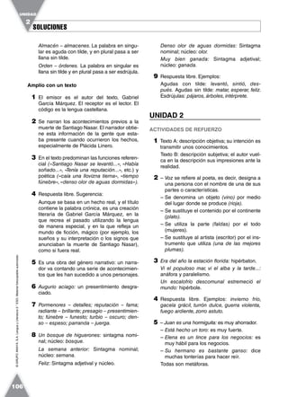 SOLUCIONESSOLUCIONES
UNIDAD
2
106
©GRUPOANAYA,S.A.LenguayLiteratura2.°ESO.Materialfotocopiableautorizado.
Almacén – almacenes. La palabra en singu-
lar es aguda con tilde, y en plural pasa a ser
llana sin tilde.
Orden – órdenes. La palabra en singular es
llana sin tilde y en plural pasa a ser esdrújula.
Amplío con un texto
1 El emisor es el autor del texto, Gabriel
García Márquez. El receptor es el lector. El
código es la lengua castellana.
2 Se narran los acontecimientos previos a la
muerte de Santiago Nasar. El narrador obtie-
ne esta información de la gente que esta-
ba presente cuando ocurrieron los hechos,
especialmente de Plácida Linero.
3 En el texto predominan las funciones referen-
cial («Santiago Nasar se levantó...», «Había
soñado...», «Tenía una reputación...», etc.) y
poética («caía una llovizna tierna», «tiempo
fúnebre», «denso olor de aguas dormidas»).
4 Respuesta libre. Sugerencia:
Aunque se basa en un hecho real, y el título
contiene la palabra crónica, es una creación
literaria de Gabriel García Márquez, en la
que recrea el pasado utilizando la lengua
de manera especial, y en la que refleja un
mundo de ficción, mágico (por ejemplo, los
sueños y su interpretación o los signos que
anunciaban la muerte de Santiago Nasar),
como si fuera real.
5 Es una obra del género narrativo: un narra-
dor va contando una serie de acontecimien-
tos que les han sucedido a unos personajes.
6 Augurio aciago: un presentimiento desgra-
ciado.
7 Pormenores – detalles; reputación – fama;
radiante – brillante; presagio – presentimien-
to; fúnebre – funesto; turbio – oscuro; den-
so – espeso; parranda – juerga.
8 Un bosque de higuerones: sintagma nomi-
nal; núcleo: bosque.
La semana anterior: Sintagma nominal;
núcleo: semana.
Feliz: Sintagma adjetival y núcleo.
Denso olor de aguas dormidas: Sintagma
nominal; núcleo: olor.
Muy bien ganada: Sintagma adjetival;
núcleo: ganada.
9 Respuesta libre. Ejemplos:
Agudas con tilde: levantó, sintió, des-
pués. Agudas sin tilde: matar, esperar, feliz.
Esdrújulas: pájaros, árboles, intérprete.
UNIDAD 2
ACTIVIDADES DE REFUERZO
1 Texto A: descripción objetiva; su intención es
transmitir unos conocimientos.
Texto B: descripción subjetiva; el autor vuel-
ca en la descripción sus impresiones ante la
realidad.
2 – Voz se refiere al poeta, es decir, designa a
una persona con el nombre de una de sus
partes o características.
– Se denomina un objeto (vino) por medio
del lugar donde se produce (rioja).
– Se sustituye el contenido por el continente
(plato).
– Se utiliza la parte (faldas) por el todo
(mujeres).
– Se sustituye al artista (escritor) por el ins-
trumento que utiliza (una de las mejores
plumas).
3 Era del año la estación florida: hipérbaton.
Vi el populoso mar, vi el alba y la tarde...:
anáfora y paralelismo.
Un escalofrío descomunal estremeció el
mundo: hipérbole.
4 Respuesta libre. Ejemplos: invierno frío,
gacela grácil, turrón dulce, guerra violenta,
fuego ardiente, zorro astuto.
5 – Juan es una hormiguita: es muy ahorrador.
– Está hecho un toro: es muy fuerte.
– Elena es un lince para los negocios: es
muy hábil para los negocios.
– Su hermano es bastante ganso: dice
muchas tonterías para hacer reír.
Todas son metáforas.
 