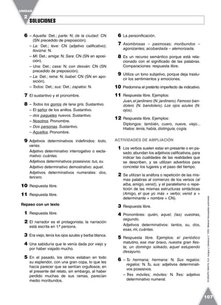 SOLUCIONESSOLUCIONES
UNIDAD
2
107
©GRUPOANAYA,S.A.LenguayLiteratura2.°ESO.Materialfotocopiableautorizado.
6 – Aquella: Det.; parte: N; de la ciudad: CN
(SN precedido de preposición).
– La: Det.; leve: CN (adjetivo calificativo);
llovizna: N.
– Mi: Det.; amiga: N; Sara: CN (SN en aposi-
ción).
– Una: Det.; casa: N; con desván: CN (SN
precedido de preposición).
– La: Det.; reina: N; Isabel: CN (SN en apo-
sición).
– Todos: Det.; sus: Det.; zapatos: N.
7 El sustantivo y el pronombre.
8 – Todos los gorros de lana gris. Sustantivo.
– El señor de los anillos. Sustantivo.
– dos paquetes nuevos. Sustantivo.
– Nosotros. Pronombre.
– Dos personas. Sustantivo.
– Aquellos. Pronombre.
9 Adjetivos determinativos indefinidos: todo,
varias.
Adjetivo determinativo interrogativo o excla-
mativo: cuántas.
Adjetivos determinativos posesivos: tus, su.
Adjetivo determinativo demostrativo: aquel.
Adjetivos determinativos numerales: dos,
tercero.
10 Respuesta libre.
11 Respuesta libre.
Repaso con un texto
1 Respuesta libre.
2 El narrador es el protagonista; la narración
está escrita en 1.ª persona.
3 Era viejo, tenía los ojos azules y barba blanca.
4 Una sabiduría que le venía dada por viejo y
por haber viajado mucho.
5 En el pasado, los olmos estaban en todo
su esplendor, con una gran copa, lo que les
hacía parecer que se sentían orgullosos; en
el presente del relato, sin embargo, al haber
perdido muchas de sus ramas, parecían
medio moribundos.
6 La personificación.
7 Asombrosas – pasmosas; moribundos –
agonizantes; acobardada – atemorizada.
8 Es un recurso semántico porque está rela-
cionado con el significado de las palabras.
Comparaciones: respuesta libre.
9 Utiliza un tono subjetivo, porque deja traslu-
cir los sentimientos y emociones.
10 Predomina el pretérito imperfecto de indicativo.
11 Respuesta libre. Ejemplos:
Juan,el jardinero (N: jardinero).Famoso ban-
dolero (N: bandolero). Los ojos azules (N:
ojos).
12 Respuesta libre. Ejemplos:
Diptongos: también, cuero, nueve, viejo...
Hiatos: tenía, había, distinguía, cogía.
ACTIVIDADES DE AMPLIACIÓN
1 Los verbos suelen estar en presente o en pa-
sado; abundan los adjetivos calificativos, para
indicar las cualidades de las realidades que
se describen, y se utilizan adverbios para
concretar los lugares y el paso del tiempo.
2 Se utilizan la anáfora o repetición de las mis-
mas palabras al comienzo de los versos (al
alba, amigo, venid), y el paralelismo o repe-
tición de las mismas estructuras sintácticas
(Amigo, el que yo más + verbo; venid a +
determinante + nombre + CN).
3 Respuesta libre.
4 Pronombres: quién, aquel, (las) vuestras,
segundo.
Adjetivos determinativos: tantos, su, dos,
esas, mi, cuántas.
5 Respuesta libre. Ejemplos: el periódico
matutino, ese mar bravo, nuestra gran fies-
ta, un domingo soleado, aquel estupendo
desayuno.
6 – Tu hermana; hermana: N. Sus regalos:
regalos: N. Tu, sus: adjetivos determinati-
vos posesivos.
– Tres móviles; móviles: N. Tres: adjetivo
determinativo numeral.
 