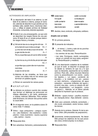 SOLUCIONESSOLUCIONES
UNIDAD
3
110
©GRUPOANAYA,S.A.LenguayLiteratura2.°ESO.Materialfotocopiableautorizado.
ACTIVIDADES DE AMPLIACIÓN
1 La descripción del texto A es externa. La del
texto B es externa e interna, porque el narra-
dor, además de describir lo que percibe por los
sentidos (alta, cabello fosco, mechones blan-
cos...), refleja el estado anímico de Soledad
Amarante: consumida,dolorida expresión.
2 El texto A es una prosopografía, ya que solo
se describen los rasgos físicos de una per-
sona. El texto B es un retrato porque descri-
be rasgos físicos y morales.
3 a) Vol-ver-án-las-os-cu-ras-go-lon-dri-nas 11
en-tu-bal-cón-sus-ni-dos-a-col-gar 10 + 1
y
˘
o-tra-vez-con-el-ala
˘
a-sus-cris-ta-les 11
ju-gan-do-lla-ma-rán 6 + 1
Pe-ro
˘
a-que-llas-que
˘
el-vue-lo-refre-na-ban
11
tu
˘
her-mo-su-ra
˘
y-mi-di-cha
˘
al-con-tem-plar
10 + 1
a-que-llas-que
˘
a-pren-die-ron-nues-tros-
nom-bres 11
e-sas-no-vol-ve-rán 6 + 1
b) Además de las sinalefas, se tiene que
contar una sílaba más en los versos que
terminan en palabra aguda.
c) Riman en asonante los versos pares.
4 a) V; b) F; c) F; d) V.
5 La diéresis se produce cuando dos vocales
que forman un diptongo se pronuncian en
sílabas diferentes y, por tanto, pertenecen
a sílabas métricas diferentes. Para señalar
este fenómeno, se colocan dos puntos sobre
la vocal débil.
6 En el segundo verso, en la palabra süave. El
verso mide 11 sílabas.
7 Ínfimo – bajo; antiquísimo – antiguo; supre-
mo – alto; fidelísimo – fiel; nobilísimo – noble;
pésimo – malo; buenísimo – bueno; suprema
– alta; óptimo – bueno.
8 Respuesta libre.
9 Son adverbios: fielmente y abreviadamente.
10 balonmano salón-comedor
hincapié cortacésped
café-cantante bienmesabe
bonobús cuentakilómetros
decimotercero vaivén
11 Aeróbic, ibero, tortícolis, olimpiada, celtíbero.
Amplío con un texto
1 En primera persona.
2 El presente de indicativo.
3 – ... el viento [...] entra y sale de los porches
furioso... Personificación.
– los vientres de las olas. Personificación.
– Las islas Formigues, medio sumergidas,
sacan un colmillo de roca rojiza, sangrien-
to. Personificación y metáfora.
4 Es una descripción subjetiva de la realidad,
ya que el autor, al describir el paisaje que
ve desde su ventana (lo que ve y lo que
oye), lo interpreta, expresando así su estado
anímico. Para ello, utiliza recursos literarios
como la personificación («el viento... araña
los tejados...», «un vapor... oscilando de
tozudez»...), la metáfora («el sol... parece
un león cachorro», «chaparrones de agua
soleados», «escamas brillantes del agua»),
el símil («las olas... como un rebaño de del-
fines ahuyentados»; «un bergantín... como
un gamo»)... Además, en el último párrafo
describe la impresión que le produce.
5 Brillante – opaco; furioso – pacífico; impetuo-
sa – tranquila; tenso – flojo; delirante – sereno.
6 Cielo azul, aclarado, brillante, esmerilado...;
día crudo, amoratado; viento furioso; másti-
les tensos.
7 Delante de la ventana. Delante: N; de la ven-
tana: CAdv. (SN precedido de preposición).
8 Levemente, ininterrumpidamente. No llevan
tilde porque los adjetivos de los que proce-
den (leve, ininterrumpida) no la llevan.
9 Respuesta libre.
 