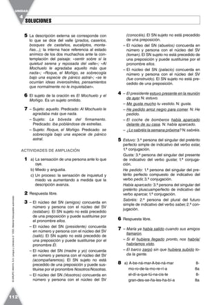 SOLUCIONESSOLUCIONES
UNIDAD
4
112
©GRUPOANAYA,S.A.LenguayLiteratura2.°ESO.Materialfotocopiableautorizado.
5 La descripción externa se corresponde con
lo que se dice del valle (prados, caseríos,
bosques de castaños, eucaliptos, monta-
ñas...); la interna hace referencia al estado
anímico de los dos muchachos ante la con-
templación del paisaje: «sentir sobre sí la
quietud serena y reposada del valle»; «Al
Mochuelo le agradaba aquello más que
nada»; «Roque, el Moñigo, se sobrecogía
bajo una especie de pánico astral»; «se le
ocurrían ideas inverosímiles, pensamientos
que normalmente no le inquietaban».
6 El sujeto de la oración es El Mochuelo y el
Moñigo. Es un sujeto omitido.
7 – Sujeto: aquello. Predicado: Al Mochuelo le
agradaba más que nada.
– Sujeto: La bóveda del firmamento.
Predicado: iba poblándose de estrellas.
– Sujeto: Roque, el Moñigo. Predicado: se
sobrecogía bajo una especie de pánico
astral.
ACTIVIDADES DE AMPLIACIÓN
1 a) La sensación de una persona ante lo que
oye.
b) Miedo y angustia.
c) Un proceso: la sensación de inquietud y
miedo va aumentando a medida que la
descripción avanza.
2 Respuesta libre.
3 – El núcleo del SN (amigos) concuerda en
número y persona con el núcleo del SV
(estaban). El SN sujeto no está precedido
de una preposición y puede sustituirse por
el pronombre ellos.
– El núcleo del SN (presidente) concuerda
en número y persona con el núcleo del SV
(salió). El SN sujeto no está precedido de
una preposición y puede sustituirse por el
pronombre Él.
– El núcleo del SN (madre y yo) concuerda
en número y persona con el núcleo del SV
(acompañaremos). El SN sujeto no está
precedido de una preposición y puede sus-
tituirse por el pronombre Nosotros/Nosotras.
– El núcleo del SN (Vosotros) concuerda en
número y persona con el núcleo del SV
(conocéis). El SN sujeto no está precedido
de una preposición.
– El núcleo del SN (abuelos) concuerda en
número y persona con el núcleo del SV
(toman).El SN sujeto no está precedido de
una preposición y puede sustituirse por el
pronombre ellos.
– El núcleo del SN (palacio) concuerda en
número y persona con el núcleo del SV
(fue construido). El SN sujeto no está pre-
cedido de una preposición.
4 – El presidente estuvo presente en la reunión
de ayer. N: estuvo.
– Me gusta mucho tu vestido. N: gusta.
– He pedido arroz negro para comer. N: He
pedido.
– El coche de bomberos había aparcado
delante de su casa. N: había aparcado.
– ¿Lo sabréis la semana próxima? N:sabréis.
5 Estuvo: 3.ª persona del singular del pretérito
perfecto simple de indicativo del verbo estar,
1.ª conjugación.
Gusta: 3.ª persona del singular del presente
de indicativo del verbo gustar, 1.ª conjuga-
ción.
He pedido: 1.ª persona del singular del pre-
térito perfecto compuesto de indicativo del
verbo pedir, 3.ª conjugación.
Había aparcado: 3.ª persona del singular del
pretérito pluscuamperfecto de indicativo del
verbo aparcar, 1.ª conjugación.
Sabréis: 2.ª persona del plural del futuro
simple de indicativo del verbo saber, 2.ª con-
jugación.
6 Respuesta libre.
7 – María ya había salido cuando sus amigos
llamaron.
– Si él hubiera llegado pronto, nos habría/
habríamos visto.
– El barco zarpó sin que hubiera subido to-
da la gente.
8 a) A-be-ná-mar-A-be-ná-mar 8-
mo-ro-de-la-mo-re-rí-a 8a
el-dí-a-que-tú-na-cis-te 8-
gran-des-se-ña-les-ha-bí-a 8a
 