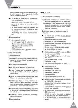 SOLUCIONESSOLUCIONES
UNIDAD
6
115
©GRUPOANAYA,S.A.LenguayLiteratura2.°ESO.Materialfotocopiableautorizado.
El loísmo es el uso incorrecto de los pronom-
bres lo y los como CI, en lugar de le y les.Su
uso se considera incorrecto.
9 – La regalé un libro por su cumpleaños.
Incorrecta. Laísmo.
– Lo prendió fuego. Incorrecta. Loísmo.
– Al perro, lo vacuné la semana pasada.
Correcta.
– Le vi en la fiesta de Nacho. Leísmo. No
es incorrecto referido a persona de sexo
masculino.
– El estuche le dejé en casa.Incorrecta. Leís-
mo.
10 Respuesta libre.
11 – Es un as de la aviación.
– Se voló hasta el asta de la bandera.
– ¡Ay! No tenías que haberlo hecho.
– El hecho de su llegada nos animó.
– ¡Eh! ¡Sal de ahí!
– ¿En qué contenedor echo estas latas?
Amplío con un texto
1 Respuesta libre.
2 El viaje por el océano hubo de ser muy duro,
ya que se alude a él como cargado de trage-
dia y sufrimiento.
3 Por la riqueza de este país.
4 No; emigraban por otras circunstancias.
5 A los Perdomo les embargaba un senti-
miento de nostalgia por la tierra que habían
dejado atrás.
6 Seguir juntos en Playa Blanca donde eran
felices y no necesitaban nada más.
7 La tierra que dejan es árida, volcánica, de-
sértica, con muy pocos habitantes; lo que se
extiende ante ellos ahora es una vegetación
exuberante y una ciudad estruendosa.
8 Lugar donde hay gran desorden y confusión
o donde hay muchas personas que hablan
sin entenderse.
9 Habitante, habitar, habitación, habitable,
habitáculo, hábitat.
10 Respuesta libre.
UNIDAD 6
ACTIVIDADES DE REFUERZO
1 a) Según la acción es una narración ficticia y
según la intención del autor es una novela.
b) Pertenece a una novela policíaca, porque
presenta los elementos característicos de
este tipo de novela: crimen, móvil, huellas,
criminal, asesinato...
2 a) Poema épico; b) Fábula; c) Noticia; d)
Novela.
3 – El anciano se quejaba de sus dolores
continuamente.
– Siempre ha creído en su inocencia.
– Me acordé de tu cumpleaños ayer.
– Los agricultores sembraron las huertas de
tomates y pepinos.
– Nicolás se convirtió en su mejor amigo.
– La confundió con su madre.
4 – El sábado pasado (CCT); a Lisboa (CCL).
– En todo momento (CCT).
– Con Elena (CC Compañía); en esta biblio-
teca (CCL).
– Con mucho cuidado (CCM).
– Felizmente (CCM).
– Ayer (CCT); en una galería de arte (CCL).
5 – Llegó entonces allí.
– Piensa en ella siempre.
– Quedamos con Elena aquí.
– El enfermero lo trató así.
– Todo terminó así.
– Compró entonces un cuadro allí.
6 – Golpeó el clavo fuertemente con un marti-
llo. (CCM, CC instrumento)
– Fuimos al cine con Javier y Susana. (CCL,
CC compañía)
– Los montañeros compraron víveres para el
camino. (CC finalidad)
– Mi madre pegó el jarrón con pegamento.
(CC instrumento)
– Modeló un cuenco con arcilla en la clase
de manualidades. (CC materia, CCL)
– Lo rechazaron por su impuntualidad. (CC
causa).
 