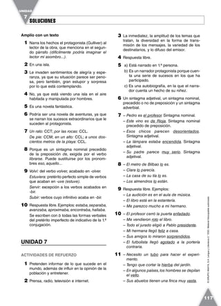 SOLUCIONESSOLUCIONES
UNIDAD
7
117
©GRUPOANAYA,S.A.LenguayLiteratura2.°ESO.Materialfotocopiableautorizado.
Amplío con un texto
1 Narra los hechos el protagonista (Gulliver) al
lector de la obra, que menciona en el segun-
do párrafo (difícilmente podría imaginar el
lector mi asombro...).
2 En una isla.
3 Le invaden sentimientos de alegría y espe-
ranza, ya que su situación parece ser peno-
sa, pero también, gran estupor y sorpresa
por lo que está contemplando.
4 No, ya que está viendo una isla en el aire
habitada y manipulada por hombres.
5 Es una novela fantástica.
6 Podría ser una novela de aventuras, ya que
se narran los sucesos extraordinarios que le
suceden al protagonista.
7 Un rato: CCT; por las rocas: CCL.
De pie: CCM; en un alto: CCL; a unos dos-
cientos metros de la playa: CCL.
8 Porque es un sintagma nominal precedido
de la preposición de, exigida por el verbo
librarse. Puede sustituirse por los pronom-
bres eso, aquello...
9 Volví: del verbo volver, acabado en -olver.
Estuviera: pretérito perfecto simple de verbos
que acaban en -uve (estuve).
Servir: excepción a los verbos acabados en
-bir.
Subir: verbos cuyo infinitivo acaba en -bir.
10 Respuesta libre. Ejemplos: estaba,separaba,
avanzaba, aproximaba, encontraba, hallaba.
Se escriben con b todas las formas verbales
del pretérito imperfecto de indicativo de la 1.ª
conjugación.
UNIDAD 7
ACTIVIDADES DE REFUERZO
1 Pretenden informar de lo que sucede en el
mundo, además de influir en la opinión de la
población y entretener.
2 Prensa, radio, televisión e internet.
3 La inmediatez, la amplitud de los temas que
tratan, la diversidad en la forma de trans-
misión de los mensajes, la variedad de los
destinatarios, y lo difuso del emisor.
4 Respuesta libre.
5 a) Está narrado en 1.ª persona.
b) Es un narrador protagonista porque cuen-
ta una serie de sucesos en los que ha
participado.
c) Es una autobiografía, en la que el narra-
dor cuenta un hecho de su niñez.
6 Un sintagma adjetival, un sintagma nominal,
precedido o no de preposición y un sintagma
adverbial.
7 – Pedro es el profesor. Sintagma nominal.
– Este vino es de Rioja. Sintagma nominal
precedido de preposición.
– Esos chicos parecen desorientados.
Sintagma adjetival.
– La lámpara estaba encendida. Sintagma
adjetival.
– Su padre parece muy serio. Sintagma
adjetival.
8 – El metro de Bilbao lo es.
– Clara lo parecía.
– La casa de su tía lo es.
– Los almendros lo están.
9 Respuesta libre. Ejemplos:
– La audición es en el aula de música.
– El libro está en la estantería.
– Me parezco mucho a mi hermano.
10 – El profesor cerró la puerta enfadado.
– Me vendieron roto el libro.
– Todo el jurado eligió a Pablo presidente.
– Mi hermana llegó feliz a casa.
– Sus amigos lo miraron sorprendidos.
– El futbolista llegó agotado a la portería
contraria.
11 – Necesito un tubo para hacer el experi-
mento.
– Tengo que cortar la hierba del jardín.
– En algunos países,los hombres se depilan
el vello.
– Sus abuelos tienen una finca muy vasta.
 