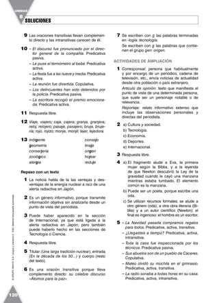 SOLUCIONESSOLUCIONES
UNIDAD
8
120
©GRUPOANAYA,S.A.LenguayLiteratura2.°ESO.Materialfotocopiableautorizado.
9 Las oraciones transitivas llevan complemen-
to directo y las intransitivas carecen de él.
10 – El discurso fue pronunciado por el direc-
tor general de la compañía. Predicativa
pasiva.
– Le puse el termómetro al bebé.Predicativa
activa.
– La fiesta fue a las nueve y media.Predicativa
activa.
– La reunión fue divertida. Copulativa.
– Los delincuentes han sido detenidos por
la policía. Predicativa pasiva.
– La escritora recogió el premio emociona-
da. Predicativa activa.
11 Respuesta libre.
12 Viaje, viajero; caja, cajera; granja, granjera;
reloj, relojero; pasaje, pasajero; bruja, bruje-
ría; rojo, rojizo; monje, monjil; tejer, tejedora.
13 indigente consejo
geometría linaje
conserjería origen
zoológico hojear
alergia reduje
Repaso con un texto
1 La noticia habla de la las ventajas y des-
ventajas de la energía nuclear a raíz de una
alerta radiactiva en Japón.
2 Es un género informativo, porque transmite
información objetiva sin analizarla desde un
punto de vista del periodista.
3 Puede haber aparecido en la sección
de Internacional, ya que está ligada a la
alerta radiactiva en Japón; pero también
puede haberlo hecho en las secciones de
Tecnología o Ciencia.
4 Respuesta libre.
5 Titular (Una larga tradición nuclear), entrada
(En la década de los 50...) y cuerpo (resto
del texto).
6 Es una oración transitiva porque lleva
complemento directo: su célebre discurso
«Átomos para la paz».
7 Se escriben con g las palabras terminadas
en -logía: tecnología.
Se escriben con g las palabras que contie-
nen el grupo gen: origen.
ACTIVIDADES DE AMPLIACIÓN
1 Corresponsal: persona que habitualmente
y por encargo de un periódico, cadena de
televisión, etc., envía noticias de actualidad
desde otra población o país extranjero.
Articulo de opinión: texto que manifiesta el
punto de vista de una determinada persona,
que suele ser un personaje notable o de
relevancia.
Reportaje: relato informativo extenso que
incluye las observaciones personales y
directas del periodista.
2 a) Cultura y sociedad.
b) Tecnología.
c) Economía.
d) Deportes.
e) Internacional.
3 Respuesta libre.
4 a) El fragmento alude a Eva, la primera
mujer según la Biblia, y a la leyenda
de que Newton descubrió la Ley de la
gravedad cuando le cayó una manzana
mientras estaba tumbado. El elemento
común es la manzana.
b) Puede ser un poeta, porque escribe una
oda.
c) Se utilizan recursos formales; se alude a
otro género (oda), a otra obra literaria (Bi-
blia) y a un autor científico (Newton); el
final es ingenioso: el hombre es un escritor.
5 – La Navidad pasada compramos regalos
para todos. Predicativa, activa, transitiva.
– ¿Llegasteis a tiempo? Predicativa, activa,
intransitiva.
– Toda la casa fue inspeccionada por los
técnicos. Predicativa pasiva.
– Sus abuelos son de un pueblo de Cáceres.
Copulativa.
– Mateo olvidó su mochila en el gimnasio.
Predicativa, activa, transitiva.
– La radio sonaba a todas horas en su casa.
Predicativa, activa, intransitiva.
 