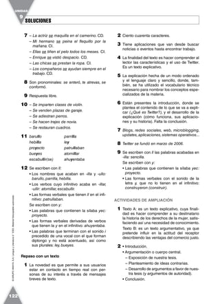 SOLUCIONESSOLUCIONES
UNIDAD
9
122
©GRUPOANAYA,S.A.LenguayLiteratura2.°ESO.Materialfotocopiableautorizado.
7 – La actriz se maquilla en el camerino. CD.
– Mi hermano se peina el flequillo por la
mañana. CI.
– Ellas se tiñen el pelo todos los meses. CI.
– Enrique se vistió despacio. CD.
– Las chicas se prestan la ropa. CI.
– Los compañeros se ayudan siempre en el
trabajo. CD.
8 Son pronominales: se enteró, te atrevas, se
conformó.
9 Respuesta libre.
10 – Se imparten clases de violín.
– Se venden plazas de garaje.
– Se adiestran perros.
– Se hacen trajes de novia.
– Se restauran cuadros.
11 barullo parrilla
hebilla ley
proyecto patrullaban
bueyes atornillar
escabullir(se) ahuyentaba
12 Se escriben con ll:
• Los nombres que acaban en -illa y -ullo:
barullo, parrilla, hebilla.
• Los verbos cuyo infinitivo acaba en -illar,
-ullir: atornillar, escabullir.
• Las formas verbales que tienen ll en el infi-
nitivo: patrullaban.
Se escriben con y:
• Las palabras que contienen la sílaba yec:
proyecto.
• Las formas verbales derivadas de verbos
que tienen la y en el infinitivo: ahuyentaba.
• Las palabras que terminan con el sonido i
precedido de una vocal con el que forman
diptongo y no está acentuado, así como
sus plurales: ley, bueyes.
Repaso con un texto
1 La novedad es que permite a sus usuarios
estar en contacto en tiempo real con per-
sonas de su interés a través de mensajes
breves de texto.
2 Ciento cuarenta caracteres.
3 Tiene aplicaciones que van desde buscar
noticias o eventos hasta encontrar trabajo.
4 La finalidad del texto es hacer comprender al
lector las características y el uso de Twitter.
Es un texto explicativo.
5 La explicación hecha de un modo ordenado
y el lenguaje claro y sencillo, donde, tam-
bién, se ha utilizado el vocabulario técnico
necesario para nombrar los conceptos espe-
cializados de la materia.
6 Están presentes la introducción, donde se
plantea el contenido de lo que se va a expli-
car (¿Qué es Twitter?), y el desarrollo de la
explicación (cómo funciona, sus aplicacio-
nes y su historia). Falta la conclusión.
7 Blogs, redes sociales, web, microblogging,
updates,aplicaciones,sistemas operativos...
8 Twitter se fundó en marzo de 2006.
9 Se escriben con ll las palabras acabadas en
-illa: sencilla.
Se escriben con y:
• Las palabras que contienen la sílaba yec:
proyecto.
• Las formas verbales con el sonido de la
letra y, que no lo tienen en el infinitivo:
construyeron (construir).
ACTIVIDADES DE AMPLIACIÓN
1 Texto A: es un texto explicativo, cuya finali-
dad es hacer comprender a su destinatario
la historia de los derechos de la mujer, satis-
faciendo así una necesidad de conocimiento.
Texto B: es un texto argumentativo, ya que
pretende influir en la actitud del receptor
describiendo las ventajas del comercio justo.
2 • Introducción.
• Argumentación o cuerpo central.
– Exposición de nuestra tesis.
– Planteamiento de ideas contrarias.
– Desarrollo de argumentos a favor de nues-
tra tesis (y argumentos de autoridad).
• Conclusión.
 