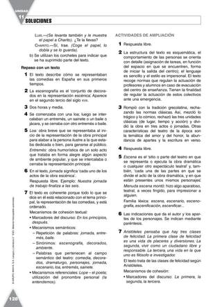 SOLUCIONESSOLUCIONES
UNIDAD
11
128
©GRUPOANAYA,S.A.LenguayLiteratura2.°ESO.Materialfotocopiableautorizado.
LUIS.—(Se levanta también y le muestra
el papel a Charito). ¿Te la llevas?
CHARITO.—Sí, trae. (Coge el papel, lo
dobla y se lo guarda).
b) Se utilizan los corchetes para indicar que
se ha suprimido parte del texto.
Repaso con un texto
1 El texto describe cómo se representaban
las comedias en España en sus primeros
tiempos.
2 La escenografía es el ‘conjunto de decora-
dos en la representación escénica’. Aparece
en el segundo tercio del siglo XVII.
3 Dos horas y media.
4 Se comenzaba con una loa; luego se inter-
calaban un entremés, un sainete o un baile o
jácara, y se cerraba con otro entremés o baile.
5 Loa: obra breve que se representaba al ini-
cio de la representación de la obra principal
para alabar a la persona ilustre a la que esta-
ba dedicada o bien, para ganarse al público.
Entremés: obra humorística de un solo acto
que trataba en forma alegre algún aspecto
de ambiente popular, y que se intercalaba o
cerraba la representación principal.
6 En el texto, jornada significa ‘cada uno de los
actos de la obra escénica’.
Respuesta libre. Ejemplo: Nuestra jornada
de trabajo finaliza a las seis.
7 El texto es coherente porque todo lo que se
dice en él está relacionado con el tema princi-
pal, la representación de las comedias, y está
ordenado.
Mecanismos de cohesión textual:
• Marcadores del discurso: En los principios,
después.
• Mecanismos semánticos:
– Repetición de palabras: jornada, entre-
més, baile.
– Sinónimos: escenografía, decorados,
ambiente.
– Palabras que pertenecen al campo
semántico del teatro: comedia, decora-
dos, dramaturgo, personajes, jornada,
escenario, loa, entremés, sainete.
• Mecanismos referenciales: Lope – el poeta;
utilización del pronombre personal (la
entendemos).
ACTIVIDADES DE AMPLIACIÓN
1 Respuesta libre.
2 La estructura del texto es esquemática, el
comportamiento de las personas se orienta
con detalle (asignación de tareas, en función
del espacio en que se encuentren, forma
de iniciar la salida del centro); el lenguaje
es sencillo y el estilo es impersonal. El texto
recoge normas que regulan la actuación de
profesores y alumnos en caso de evacuación
del centro de enseñanza. Tienen la finalidad
de regular la actuación de estos colectivos
ante una emergencia.
3 Rompió con la tradición grecolatina, recha-
zando las normas clásicas. Así, mezcló lo
trágico y lo cómico, rechazó las tres unidades
clásicas (de lugar, tiempo y acción) y divi-
dió la obra en tres actos o jornadas. Otras
características del teatro de la época son
la temática del amor y del honor, la abun-
dancia de apartes y la escritura en verso.
4 Respuesta libre.
5 Escena es el ‘sitio o parte del teatro en que
se representa o ejecuta la obra dramática
o cualquier otro espectáculo teatral’ y, tam-
bién, ‘cada una de las partes en que se
divide el acto de la obra dramática, y en que
están presentes unos mismos personajes’.
Menuda escena montó: hizo algo aparatoso,
teatral, a veces fingido, para impresionar a
alguien.
Familia léxica: escena, escenario, esceno-
grafía, escenificación, escenificar...
6 Las indicaciones que da el autor y los apar-
tes de los personajes. Se indican mediante
paréntesis.
7 Aristóteles pensaba que hay tres clases
de felicidad. La primera clase de felicidad
es una vida de placeres y diversiones. La
segunda, vivir como un ciudadano libre y
responsable. La tercera, una vida en la que
uno es filósofo e investigador.
El texto trata de las clases de felicidad según
Aristóteles.
Mecanismos de cohesión:
• Marcadores del discurso: La primera, la
segunda, la tercera.
 