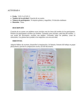 ACTIVIDAD 4


  •   Fecha: 2-05-11 al 5-05-11
  •   Nombre de la actividad: Creación de un cuento.
  •   Número de participantes: 16 mujeres gitanas y magrebíes; 18 chavales medianos
  •   Duración: 1 hora


      DESCRIPCIÓN

  Creación de un cuento con palabras cuyas iniciales eran las letras del nombre de las participantes.
  Primero las participantes escriben sus nombres. Tomando como iniciales, cada letra del nombre, y
  con ayuda del diccionario, escriben una palabra. Utilizando todas las palabras, crean un
  minicuento. Las gitanas han ayudado a las magrebíes con esta actividad.

      OBJETIVOS:

  Adquirir hábitos de escritura, desarrollar la imaginación y la fantasía, fomento del trabajo en grupo
  pluricultural, ejercitar la composición escrita, uso del diccionario.
 