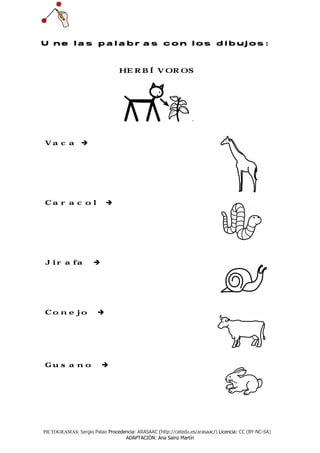Une las palabras con los dibujos:



                                HERBÍVOROS




                                                               ´


Vaca




Caracol




Jirafa




Conejo




Gusano




PICTOGRAMAS: Sergio Palao Procedencia: ARASAAC (http://catedu.es/arasaac/) Licencia: CC (BY-NC-SA)
                                 ADAPTACIÓN: Ana Sainz Martín
 