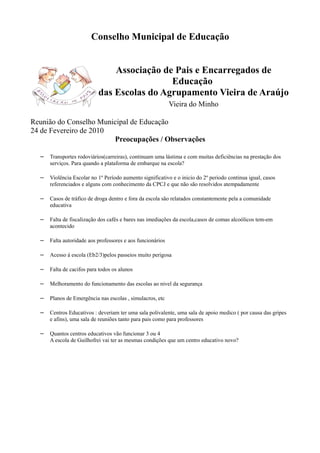 Conselho Municipal de Educação


                               Associação de Pais e Encarregados de
                                            Educação
                           das Escolas do Agrupamento Vieira de Araújo
                                                          Vieira do Minho

Reunião do Conselho Municipal de Educação
24 de Fevereiro de 2010
                        Preocupações / Observações

  – Transportes rodoviários(carreiras), continuam uma lástima e com muitas deficiências na prestação dos
      serviços. Para quando a plataforma de embarque na escola?

  – Violência Escolar no 1º Período aumento significativo e o inicio do 2º periodo continua igual, casos
      referenciados e alguns com conhecimento da CPCJ e que não são resolvidos atempadamente

  – Casos de tráfico de droga dentro e fora da escola são relatados constantemente pela a comunidade
      educativa

  – Falta de fiscalização dos cafés e bares nas imediações da escola,casos de comas alcoólicos tem-em
      acontecido

  – Falta autoridade aos professores e aos funcionários

  – Acesso á escola (Eb2/3)pelos passeios muito perigosa

  – Falta de cacifos para todos os alunos

  – Melhoramento do funcionamento das escolas ao nivel da segurança

  – Planos de Emergência nas escolas , simulacros, etc

  – Centros Educativos : deveriam ter uma sala polivalente, uma sala de apoio medico ( por causa das gripes
      e afins), uma sala de reuniões tanto para pais como para professores

  – Quantos centros educativos vão funcionar 3 ou 4
      A escola de Guilhofrei vai ter as mesmas condições que um centro educativo novo?
 