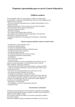 Propostas Apresentadas para os novos Centros Educativos


                                           Edifícios escolares
Na nossa opinião, cada novo centro escolar a construir, no respeito pelas
recomendações e normas de acessibilidade para todos, deve estar equipado com os
seguintes recursos espaciais:
- uma sala de aula para cada grupo-turma, em regime de permanência, com os
seguintes requisitos:
- dimensões equivalentes a 2m2 por aluno mais três metros de distância
mínima da primeira fila de alunos ao quadro preto,
- uma altura mínima de 4 metros,
- disposição rectangular;
- luz a entrar do lado esquerdo (para os alunos),
- uma superfície de entrada de luz mínima equivalente a 3m2 de luz por
cada 36m3 de volume da sala de aula;
- equipamento informático e de tecnologias da informação e comunicação
completo;

                          Recursos espaciais específicos, comuns ao Centro Escolar

- um laboratório e sala de educação visual
- um atelier de educação musical
- um atelier de expressão dramática
- um ginásio com dimensões mínimas de 40x20x9 metros
- um laboratório de ciências da natureza,
- uma sala de trabalhos manuais,
- um salão polivalente para convívio entre os alunos,
- uma salão para exposições e dramatizações,
- uma biblioteca,
- uma cozinha e um refeitório,
- um serviço de bar,
- um posto de primeiros socorros, incorporando uma enfermaria com um
número de camas equivalente a 2% dos alunos do Centro e casas de
banho completas, masculinas e femininas,
- 2 salas com pelo menos 30m2 cada uma para apoio aos alunos com NEE,
- 2 salas para reuniões de professores, uma com pelo menos 40m2 e outra
com pelo menos 16m2,
- uma sala de convívio para professores com, pelo menos, 30 m2,
- uma sala para reuniões individuais com os pais,
- um gabinete de trabalho para a direcção do Centro,
- 4 arrecadações para material curricular, com pelo menos 16m2 cada uma,
- casas de banho concebidas em função de uma sanita e um bidé para cada
15 pessoas, um poliban para cada 30, e ainda casas de banho adaptadas
aos alunos com necessidades específicas
- aquecimento / ar condicionado,
- um computador com acesso à internet para cada aluno;
- campo polivalente.

                                        Pessoal docente e não-docente

O horário de funcionamento do Centro Escolar deve responder às necessidades
sócio-profissionais das famílias no que respeita ao modelo comum do horário de
trabalho, indo das 08h00 às 19h00.
Deve existir um educador de infância e um auxiliar de educação de infância
para cada 25 crianças.
O horário de trabalho semanal dos Educadores de Infância é de 35 horas, das
 