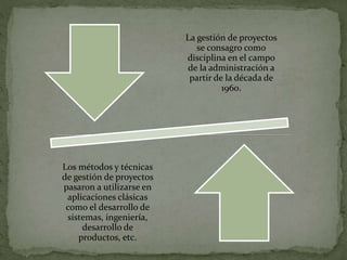 La gestión de proyectos
se consagro como
disciplina en el campo
de la administración a
partir de la década de
1960.
Los métodos y técnicas
de gestión de proyectos
pasaron a utilizarse en
aplicaciones clásicas
como el desarrollo de
sistemas, ingeniería,
desarrollo de
productos, etc.
 
