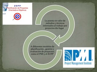 La puesta en valor de
métodos y técnicas
orientados al trabajo por
proyectos dio lugar :
A diferentes modelos de
planificación., gestión y
evaluación de proyectos;
como el PMI y el ZOPP.
 