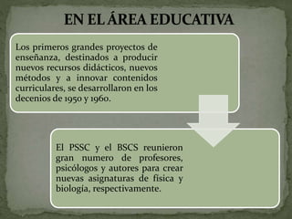 Los primeros grandes proyectos de
enseñanza, destinados a producir
nuevos recursos didácticos, nuevos
métodos y a innovar contenidos
curriculares, se desarrollaron en los
decenios de 1950 y 1960.
El PSSC y el BSCS reunieron
gran numero de profesores,
psicólogos y autores para crear
nuevas asignaturas de física y
biología, respectivamente.
 