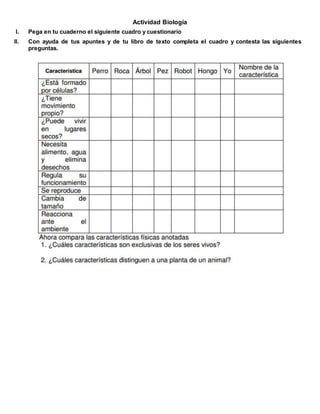 Actividad Biología
I. Pega en tu cuaderno el siguiente cuadro y cuestionario
II. Con ayuda de tus apuntes y de tu libro de texto completa el cuadro y contesta las siguientes
preguntas.
 