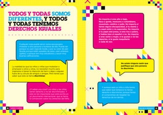NIÑOS Y NIÑAS ESCUELA PRIMARIA
ESCUELA PRIMARIA 2120
TODOS Y TODAS SOMOS
DIFERENTES, Y TODOS
Y TODAS TENEMOS
DERECHOS IGUALES
Cualquier cosa puede servir como excusa para
molestar a otra persona o burlarse de ella. Puede ser
porque no usen ropa de moda, o por su color de piel.
Quizás porque estén pasados de peso, usen anteojos
(gafas), o porque son muy estudiosos y sacan muy
buenas calificaciones.
La realidad es que los niños o niñas que molestan o
amenazan a otros y otras, no necesitan mucho para
inspirarse si tienen la intención de herir o dejar a alguien
fuera de su círculo de amigos o amigas. Pero tienes que
saber que esto se llama discriminar.
Y aunque seas un niño o niña tienes
que saber que tampoco tú tienes
derecho a discriminar, porque tienes
el compromiso de respetar los
derechos de los demás.
¿Y sabes una cosa? Los niños y las niñas
tienen derecho a no ser discriminados. Y
esto es tan importante que está escrito en
un documento internacional, que se llama
la Convención sobre los Derechos del Niño.
No existe ninguna razón que
justifique que otra persona
te discrimine.
No importa si eres alto o bajo,
flaca o gorda, mexicano o colombiano,
musulmán, católico o judío. No importa si
tienes alguna discapacidad, si tu mamá y
tu papá están o no separados. No importa
si tu papá está preso, si eres rico o pobre,
si hablas bien el español o no. No importa
si eres varón o mujer, si te gustan o no los
deportes, si te gusta maquillarte
o nada de eso.
 