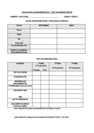 FICHA DATOS ANTROPOMÉTRICOS Y TEST DE PRUEBAS FÍSICAS

  NOMBRE Y APELLIDOS___________________________________                    CURSO Y GRUPO: _

                      DATOS ANTROPOMÉTRICOS Y FRECUENCIA CARDIACA

         FECHA                         SEPTIEMBRE                                   JUNIO

         TALLA

          PESO

           IMC
                  2
       Peso/Talla
   FC EN REPOSO (T/P)

  ESCÁPULO-HUMERAL
  DESCOMPENSACIÓN


                                    TEST DE CONDICIÓN FÍSICA

         PRUEBAS                       1ºTOMA                2ºTOMA                    3ºTOMA
                                   (1ª Evaluación)
                                                         (2ª Evaluación)            (3ª Evaluación)
                                Principio    Final
     TEST DE COOPER

      FLEXIONES (R/V)

      ABDOMINALES
     ENCOGIMIENTOS
FLEXIBILIDAD (seat and reach)

      VELOCIDAD 10X5


           50M
    SALTO HORIZONTAL

   EQUILIBRIO EN BANCO
      PLATILLO (A/B/N)
     - ¿Han mejorado tus datos antropométricos al finalizar el curso?



      - ¿Has mejorado en alguna de las pruebas de Condición Física?     ¿En cuál?
 