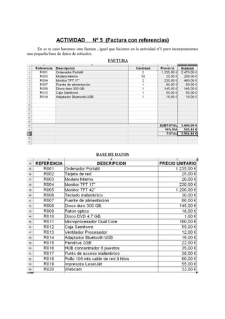 ACTIVIDAD Nº 5 (Factura con referencias)
En es te caso haremos otra factura , igual que hicimos en la actividad nº1 pero incorporaremos
una pequeña base de datos de artículos.
FACTURA
BASE DE DATOS
 