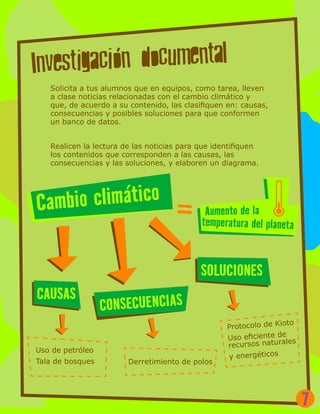 Solicita a tus alumnos que en equipos, como tarea, lleven
a clase noticias relacionadas con el cambio climático y
que, de acuerdo a su contenido, las clasifiquen en: causas,
consecuencias y posibles soluciones para que conformen
un banco de datos.
Realicen la lectura de las noticias para que identifiquen
los contenidos que corresponden a las causas, las
consecuencias y las soluciones, y elaboren un diagrama.
Cambio climático
temperatura del planeta
CAUSAS
CONSECUENCIAS
SOLUCIONES
Aumento de la
Uso de petróleo
Tala de bosques Derretimiento de polos
Protocolo de Kioto
Uso eficiente de
recursos naturales
y energéticos
7
 