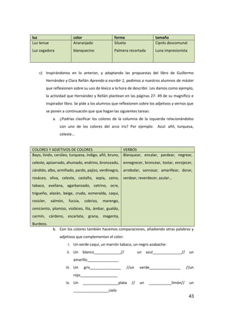 luz color forma tamaño
Luz tenue
Luz cegadora
Anaranjado
blanquecino
Silueta
Palmera recortada
Ciprés descomunal
Luna impresionista
c) Inspirándonos en lo anterior, y adaptando las propuestas del libro de Guillermo
Hernández y Clara Rellán Aprendo a escribir 1, pedimos a nuestros alumnos de máster
que reflexionen sobre su uso de léxico a la hora de describir. Les damos como ejemplo,
la actividad que Hernández y Rellán plantean en las páginas 27- 49 de su magnífico e
inspirador libro. Se pide a los alumnos que reflexionen sobre los adjetivos y vernos que
se ponen a continuación que que hagan las siguientes tareas:
a. ¿Podrías clasificar los colores de la columna de la izquierda relacionándolos
con uno de los colores del arco iris? Por ejemplo: Azul: añil, turquesa,
celeste…
COLORES Y ADJETIVOS DE COLORES VERBOS
Bayo, lívido, cerúleo, turquesa, índigo, añil, bruno,
celeste, apizarrado, ahumado, endrino, bronceado,
cándido, albo, armiñado, pardo, pajizo, verdinegro,
rosáceo, oliva, celeste, castaño, sepia, zaino,
tabaco, avellana, agarbanzado, cetrino, ocre,
trigueño, alazán, beige, crudo, esmeralda, caqui,
rosicler, salmón, fucsia, cobrizo, marengo,
ceniciento, plomizo, violáceo, lila, ámbar, gualdo,
carmín, cárdeno, escarlata, grana, magenta,
Burdeos.
Blanquear, encalar, pardear, negrear,
ennegrecer, broncear, tostar, enrojecer,
arrebolar, sonrosar, amarillear, dorar,
verdear, reverdecer, azular…
b. Con los colores también hacemos comparaciones, añadiendo otras palabras y
adjetivos que complementan el color:
i. Un verde caqui, un marrón tabaco, un negro azabache:
ii. Un blanco_____________// un azul______________// un
amarillo_______________
iii. Un gris_______________ //un verde_______________ //un
rojo__________________
iv. Un _________________plata // un ___________limón// un
_________________cielo
43
 