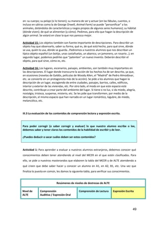 en: su cuerpo; su pelaje (si lo tienen); su manera de ser y actuar (en las fábulas, cuentos, o
incluso en sátiras como la de George Orwell, Animal Farm) se puede “personificar” a los
animales, dotándolos de características y rasgos propios de algunos seres humanos); su hábitat
(dónde viven); de qué se alimentan (y cómo). Pedimos, para ello que hagan la descripción de
algún animal. Se votará en clase la que nos parezca mejor.
Actividad 15: Los objetos también son fuente importante de descripciones. Para describir un
objeto hay que observarlo, saber su forma, qué es, de qué está hecho, para qué sirve, dónde
se usa, quién lo usa, dónde se guarda…Pediremos a nuestros alumnos que nos describan un
típico objeto español (un botijo, unas castañuelas, un abanico, un jamonero, un rosario…); en
segundo lugar, podemos pedirles que “patenten” un nuevo invento. Deberán describir el
objeto, para qué sirve, cómo es, etc.
Actividad 16: Los lugares, escenarios, paisajes, ambientes, son también muy importantes en
las descripciones. El lugar donde transcurre la acción de los hechos ha de ser descrito, ya que,
en ocasiones (novelas de Galdós, películas de Woody Allen, el “Madrid” de Pedro Almodóvar,
etc. se convierte en un protagonista más de la acción). Se pide a los alumnos que hagan la
descripción de un lugar, escogiendo de entre ciudades, paisajes, barrios, calles, edificios,
interior y exterior de las viviendas, etc. Por otro lado, el modo en que este espacio está
descrito, contribuye a crear parte del ambiente del lugar. Si tiene o no luz, si da miedo, alegría,
nostalgia, tristeza, suspense, misterio, etc. Se les pide que transformen, por medio de la
descripción, el mismo espacio que han narrado en un lugar romántico, lúgubre, de miedo,
melancólico, etc.
III.3 La evaluación de los contenidos de comprensión lectora y expresión escrita.
Para poder corregir (o saber corregir y evaluar) lo que nuestro alumno escribe o lee,
debemos saber y tener claros los contenidos de la habilidad de escribir y de leer.
¿Puedes deducir o sacar cuáles deben ser estos contenidos?
Actividad 1: Para aprender a evaluar a nuestros alumnos extranjeros, debemos conocer qué
conocimientos deben tener atendiendo al nivel del MCER en el que estén clasificados. Para
ello, se pide a nuestros masterandos que elaboren la tabla del MCER y de ALTE atenidendo a
qué creen que debe saber hacer y conocer un alumno en A1, en A2, B1, etc. Una vez que
finaliza la puesta en común, les damos la siguiente tabla, para verificar sus conocimientos.
Resúmenes de niveles de destrezas de ALTE
Nivel de
ALTE
Comprensión
Auditiva / Expresión Oral
Comprensión de Lectura Expresión Escrita
49
 