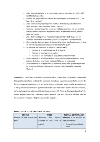 o ¿Qué ejemplos de texto se te ocurren para usar en una clase: A1; A2, B1; C2?
(justifica tu respuesta).
o ¿Cuáles son, según Sánchez Lobato, las cualidades de un buen escrito? ¿Y las
fases de la escritura?
o ¿Qué técnicas nos propone para la escritura de textos? ¿Qué deberíamos
tener en cuenta para usarlos en nuestra clase ELE?
o Comenta y analiza los puntos en los que estás de acuerdo, o no, con Sánchez
Lobato, sobre la necesidad de comunicarnos, de diferentes modos, en este
caso, por escrito.
o ¿Qué destrezas te parecen más complicadas a la hora de trabajar con tus
alumnos, las orales o las escritas? (Justifica tu respuesta y pon ejemplos).
o ¿Crees que los distintos textos de lectura determinan significativamente el tipo
de actividad que se desarrolla a partir de ellos? ¿Por qué?
o ¿A partir de qué momento se empieza a leer un texto?
 Cuando se ve en el escaparate de la librería
 Cuando se abre la primera página
 Cuando ya has asimilado un bloque textual determinado
o ¿Cuál crees que es la influencia de los conocimientos previos del lector en su
proceso de lectura en un texto particular? (Razona tu respuesta).
o ¿Cuál crees que es la importancia (o hasta qué punto crees que es importante)
en el proceso de lectura, elementos externos a ella (tipografía, imágenes,
títulos…)
Actividad 3: Tras haber analizado los distintos textos, haber leído, analizado y comentado
bibliografía específica y realizado los ejercicios deductivos, seguimos revisando los modos de
lectura, para que los alumnos, a su vez, como futuros profesores, sepan enseñar a sus alumnos
a leer y extraer la información que se necesita en cada momento y a cómo hacerlo. Para ello,
se les da la siguiente tabla, extraida de Giovannini, A; E. M. Peris; M. Rodríguez Castilla y T. S.
Blanco. Profesor en acción 3. Destrezas. Edelsa. Madrid, 1996. Esta tabla es el resumen ideal de
los contenidos vistos en esta primera parte del bloque 1.
CÓMO LEER UN TEXTO/ FASES DE LA LECTURA
OBJETIVO MODO TÉCNICAS DE ENSEÑANZA
Obtener la idea general del
texto
Skimming (leer deprisa,
pasando la vista sobre la
página)
Adiestrar a los alumnos en
estas actividades:
− Prever el contenido del
texto
5
 