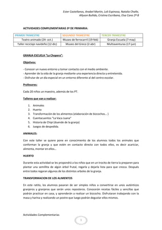 Ester Castellanos, Anabel Martin, Loli Espinosa, Natalia Chañe,
Allyson Bullido, Cristina Escribano, Elsa Cano 2º B

ACTIVIDADES COMPLEMENTARIAS 3º DE PRIMARIA:
PRIMER TRIMESTRE
Teatro animado (24- oct.)
Taller reciclaje navideño (12-dic)

SEGUNDO TRIMESTRE
Museo de ferrocarril (19-feb)
Museo del Greco (2-abr)

TERCER TRIMESTRE
Granja Escuela (7-may)
Multiaventuras (17-jun)

GRANJA ESCUELA “La Chopera”:
Objetivos:
- Conocer un nuevo entorno y tomar contacto con el medio ambiente.
- Aprender de la vida de la granja mediante una experiencia directa y entretenida.
- Disfrutar de un día especial en un entorno diferente al del centro escolar.
Profesores:
Cada 20 niños un maestro, además de los PT.
Talleres que van a realizar:
1.
2.
3.
4.
5.
6.

Animales
Huerto
Transformación de los alimentos (elaboración de bizcochos… )
Cuentacuentos “La Vaca Juana”
Historia de Chipi (duende de la granja)
Juegos de despedida.

ANIMALES:
Con este taller se quiere pone en conocimiento de los alumnos todos los animales que
conforman la granja y que estén en contacto directo con todos ellos, es decir acariciar,
alimenta, montar en ellos…
HUERTO
Durante esta actividad se les propondrá a los niños que en un trocito de tierra la preparen para
plantar una semillita de algún árbol frutal, regarla y dejarla lista para que crezca. Después
entre todos regaran algunos de los distintos arboles de la granja.
TRANSFORMACION DE LOS ALIMENTOS
En este ratito, los alumnos pasaran de ser simples niños a convertirse en unos auténticos
granjeros y granjeras que serán unos reposteros. Conocerán recetas fáciles y sencillas que
podrán practicar en casa, y aprenderán a realizar un bizcocho. Disfrutaran trabajando con la
masa y harina y realizando un postre que luego podrán degustar ellos mismos.

Actividades Complementarias
1

 