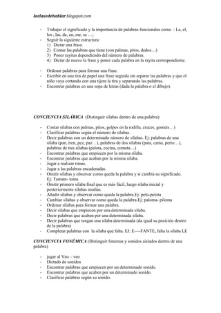 laclasedehablar.blogspot.com
-

-

Trabajar el significado y la importancia de palabras funcionales como : La, el,
los , las, de, en, me, se …;
Seguir la siguiente estructura:
1) Dictar una frase.
2) Contar las palabras que tiene (con palmas, pitos, dedos…)
3) Poner rayitas dependiendo del número de palabras.
4) Dictar de nuevo la frase y poner cada palabra en la rayita correspondiente.
Ordenar palabras para formar una frase.
Escribir en una tira de papel una frase seguida sin separar las palabras y que el
niño vaya cortando con una tijera la tira y separando las palabras.
Encontrar palabras en una sopa de letras (dada la palabra o el dibujo).

CONCIENCIA SILÁBICA (Distinguir sílabas dentro de una palabra)
-

Contar sílabas con palmas, pitos, golpes en la rodilla, cruces, gomets…)
Clasificar palabras según el número de sílabas.
Decir palabras con un determinado número de sílabas. Ej: palabras de una
sílaba (pan, tren, pez, paz…), palabras de dos sílabas (pata, cama, perro…),
palabras de tres sílabas (pelota, cocina, cometa…)
Encontrar palabras que empiecen por la misma sílaba.
Encontrar palabras que acaban por la misma sílaba.
Jugar a realizar rimas.
Jugar a las palabras encadenadas.
Omitir sílabas y observar como queda la palabra y si cambia su significado.
Ej: Tomate- toma
Omitir primero sílaba final que es más fácil, luego sílaba inicial y
posteriormente sílabas medias.
Añadir sílabas y observar como queda la palabra.Ej: pelo-pelota
Cambiar sílabas y observar como queda la palabra.Ej: paloma- piloma
Ordenar sílabas para formar una palabra.
Decir sílabas que empiecen por una determinada sílaba.
Decir palabras que acaben por una determinada sílaba.
Decir palabras que tengan una sílaba determinada (da igual su posición dentro
de la palabra)
Completar palabras con la sílaba que falta. EJ: E----FANTE, falta la sílaba LE

CONCIENCIA FONÉMICA (Distinguir fonemas y sonidos aislados dentro de una
palabra)
-

jugar al Veo – veo
Dictado de sonidos
Encontrar palabras que empiecen por un determinado sonido.
Encontrar palabras que acaben por un determinado sonido.
Clasificar palabras según su sonido.

 