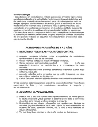 Ejercicios reflejos
: Están basados en estimulaciones reflejas que consiste enrealizar ligeros roces
con el dedo del adulto a la piel del bebe (preferentemente conel dedo índice y el
del medio o de un cepillo de cerdas suaves), provocándolerespuestas motrices
reflejas. Ejemplos: El niño acostado boca arriba, pasar el dedoíndice del adulto
desde el final del esternón hasta el ombligo o hasta la pelvis (líneaalba). Esta
estimulación provoca ligeras contracciones en el abdomen del bebe queademás
propician un beneficio favorable en el proceso digestivo facilitando laexcreción.
Otro ejemplo de este tipo es pasar el dedo índice o un cepillo de cerdassuaves por
la planta del pie de bebe, provocándole un ligero arqueo que favorece laformación
del arco plantar y fortalece los pequeños músculos plantares preparandoal bebe
para la marcha bípeda
ACTIVIDADES PARA NIÑOS DE 1 A 2 AÑOS
1. MEMORIZAR RETAHÍLAS Y CANCIONES CORTAS.
a) Aprender canciones infantiles cortas acompañadas de movimientos
quedramatizan la letra de las canciones.
b) Utilizar retahílas cortas para iniciar actividades cotidianas.
c) Cantar canciones sobre animales cuando el niño o niña está
aprendiendo elnombre, los movimientos y la onomatopeya de estos
animales.
d) Memorizar retahílas sobre el tiempo atmosférico y recitarlas cuando haya
sol,llueva, nieve, etc.
e) Aprender retahílas sobre conceptos que se estén trabajando en clase
comoobjetos redondos, los líquidos, etc.
f) Cantar canciones infantiles jugando al corro o realizando otras actividades.
En las canciones podemos aprender una estrofa y cuando los niños y niñas hayan
memorizado la letra y los movimientos aprenderán la segunda y
así sucesivamente.
2. AUMENTAR EL VOCABULARIO.
a) Pedir al niño o niña que nombre todo aquello quesolicita de forma gestual.
El adulto preguntará: ¿Qué quieres? Si observa que no sabe o norecuerda
el nombre, se lo indicará y volverá arealizar la pregunta.
b) Mostrar láminas con dibujos o fotografías que serelacionen: láminas de
animales, juguetes,elementos de la calle, objetos de aseo o decomida, los
muebles de salón, dormitorio ococina, etc. El niño o niña nombrará los
dibujos ofotografías.
c) Ver cuentos y libros mientras el niño o niña nombra las ilustraciones.
 