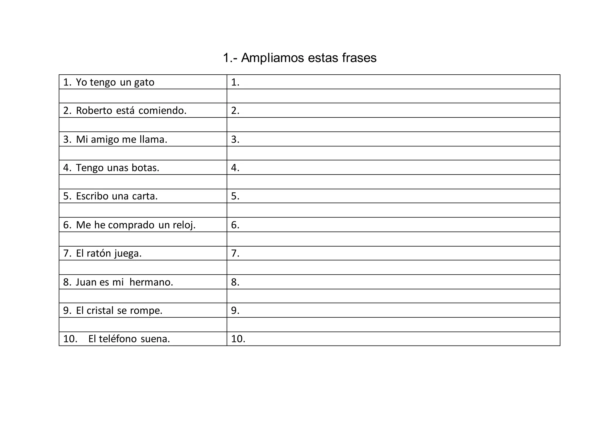 1.- Ampliamos estas frases
1. Yo tengo un gato 1.
2. Roberto está comiendo. 2.
3. Mi amigo me llama. 3.
4. Tengo unas botas. 4.
5. Escribo una carta. 5.
6. Me he comprado un reloj. 6.
7. El ratón juega. 7.
8. Juan es mi hermano. 8.
9. El cristal se rompe. 9.
10. El teléfono suena. 10.