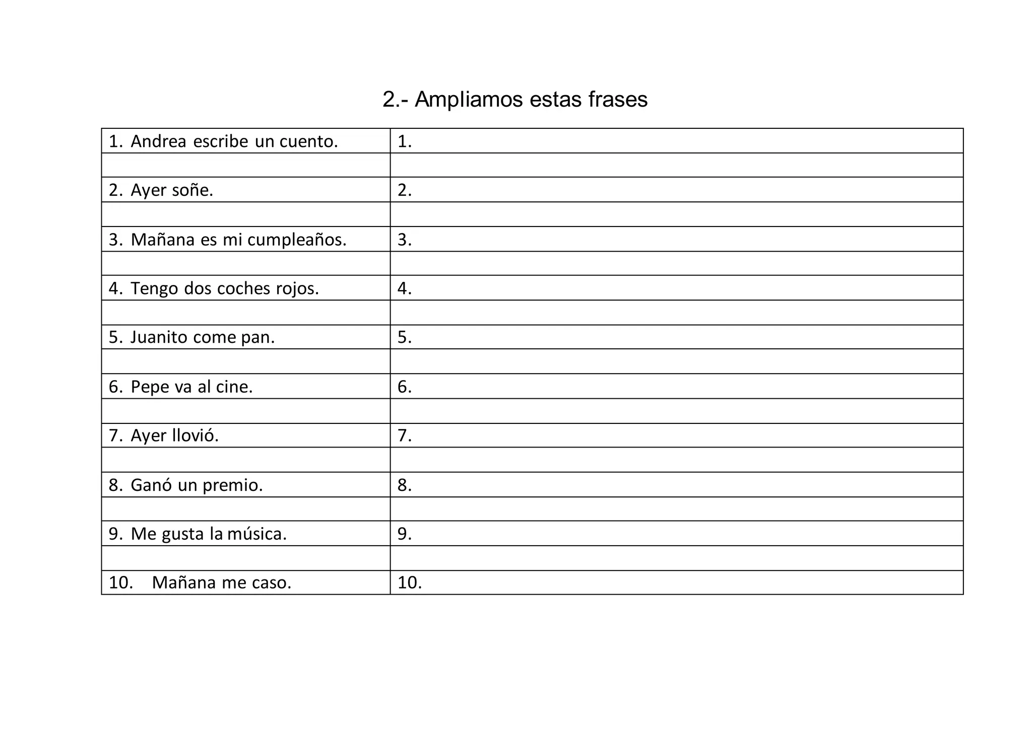 2.- Ampliamos estas frases
1. Andrea escribe un cuento. 1.
2. Ayer soñe. 2.
3. Mañana es mi cumpleaños. 3.
4. Tengo dos coches rojos. 4.
5. Juanito come pan. 5.
6. Pepe va al cine. 6.
7. Ayer llovió. 7.
8. Ganó un premio. 8.
9. Me gusta la música. 9.
10. Mañana me caso. 10.