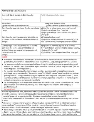 ACTIVIDAD DE COMPRENSIÓN
CuentoEl día de campo de Don Chancho Autore ilustradorKeiko kasza
Contenido procedimental
Ideas clave Preguntasde verificación
¿qué esperamos que comprendan? ¿cómo sabemos qué están entendiendo?
Don Chancho quiere invitar a Cerdita a un día de
campo.
a)¿Qué fue lo primero que pasó en el cuento?
B)¿Qué quería hacer Don Chancho?
c)¿Qué quería hacer Don Chanchocon Cerdita?
¿Por qué?
Don Chancho paraimpresionar a la Cerdita, en
el camino se fue poniendo partes de diferentes
amigos.
a)Y después,¿Qué pasó?
b)¿Qué hizo Don Chanchoen el camino? C)¿Qué
hizo Don Chancho paraimpresionar a Cerdita?
Cuandollegó a casa de Cerdita, ella se asustó.
Don Chancho se fue y devolvió todoa sus
amigos. Volvió con suapariencia normaly así
tuvieronsu día de
campo.
a)¿Qué fue lo último que pasó en el cuento?
b) Y cuándoDon Chanchollegó a casa de Cerdita,
¿Qué pasó? ¿Porqué?
c)¿Qué hizo Chancho y Cerdita al final ¿Por qué?
INICIO
 Comenzar recordando las normaspara escuchar cuentos(levantarla mano y esperar el turno
para hablar,mantenerlos oídos atentospara escucharnos).Se puede apoyar con unacanción.
 Se les presentael elemento que regularála participación, idealmente que tenga relación con el
cuento. Por ejemplo: varita/peluchede algúnanimal del cuento o “palitos preguntones”(Veren
“estrategiasde autorregulación”).
 Se cuenta a los niños que hoy leeremos uncuento y que mientras leemos aplicaremos una
estrategia nuevaque usan los“Buenos Lectores”, RESUMIR, que es “decir lo más importanteen
pocas palabras”,y luegoharemos preguntas(Veren “estrategiasde comprensión oral”).Se les
cuenta que la tía partirá haciendo el primer resumen y luegoellos. Si los niños ya hantrabajado
antes la estrategia,no es necesario modelarla.
 Se realizan preguntasde motivación en relación a latemática del cuento a unmáximo de 2 niños
(activación de conocimientos previos):¿Haz hecho algunavez unpicnic en el campo?¿Te
gusta?¿Porqué?
DESARROLLO
Mostrarla portadadel libro, señalandoel título,autore ilustrador.Leer en voz alta el cuento con
precisión, velocidad y entonación adecuada,mostrandolas imágenes y empleando diferentes
recursos(pausasde suspenso,cambios de voz de acuerdo al personaje, risas, etc.).
Durantela lectura se realizan detenciones* para resumir previamente seleccionadas y marcadasen
el libro:
* Ahoranos vamos a detener y vamos a Resumir. ¿Qué era resumir? “Decir lo más importante en
pocas palabras”(usarmímica). Niños, el primer resumen lo voy a hacer yo.“Don Chanchoquiere
invitar a Cerdita a undía de campo”. Invitarlos a seguir leyendo el cuento.
* Detenerse y decirle a los niños que nuevamente vamos a resumir. ¿Qué era resumir? Pedirles que
lo digan y usen la mímica. ¿Quién quiere contar, lo más importante que hemos leído hastaahora?Los
niños recuerdanque Don Chanchoquería invitar a Cerdita a un día de campo. ¿Qué pasó luego de
 