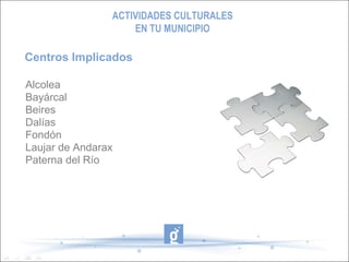 ACTIVIDADES CULTURALES
                    EN TU MUNICIPIO

Centros Implicados

Alcolea
Bayárcal
Beires
Dalías
Fondón
Laujar de Andarax
Paterna del Río
 