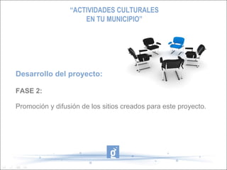“ACTIVIDADES CULTURALES
                     EN TU MUNICIPIO”




Desarrollo del proyecto:

FASE 2:

Promoción y difusión de los sitios creados para este proyecto.
 