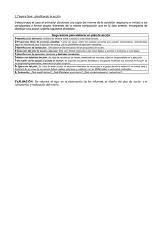 3.Tercera fase: planificando la acción
Seleccionado el caso el animador distribuirá una copia del informe de la comisión respectiva e invitará a los
participantes a formar grupos diferentes de la misma composición que en la fase anterior, encargados de
planificar una acción urgente siguiendo el modelo:
Sugerencias para elaborar un plan de acción
1-Identificación del hecho: Análisis del informe sobre el asunto o caso seleccionado.
2-Propuestas libres de acciones posibles: “Lluvia de ideas” sobre las posibles acciones que pueden emprenderse, ordenándolas
según su relevancia para la solución del caso y por su posibilidad de ejecución inmediata.
3-Identificación de obstáculos: Dificultades en la realización de las propuestas de acción.
4-Selección del plan de acción a ejecutar: Este plan deberá responder a las metas fijadas y abordar el problema a corto plazo.
5-Identificación de personas, recursos y destrezas necesarias.
6-Redacción detallada del plan: Se trata de secuenciar las tareas, determinar los recursos y fijar los responsables en la ejecución.
7-Discusión de los grupos y puesta en común: Se exponen los planes diseñados y los grupos modifican sus acciones en función de
las propuestas presentadas, elaborando un plan conjunto.
8- Ejecución del plan: Se trata de llevar a cabo las acciones diseñadas de modo que si el grupo decide la redacción de cartas para la
liberación de un preso de conciencia deberá realizar esta tarea y colaborar con las ONG locales o nacionales implicadas.
9- Evaluación: ¿Qué resultó exitoso? ¿Qué dificultades encontraron? ¿Qué problemas pasaron inadvertidos?...
EVALUACIÓN: Se valorará el rigor en la elaboración de los informes, el diseño del plan de acción y el
compromiso y realización del mismo.
 