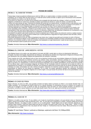 FICHAS DE CASOS
FICHA 1: EL CASO DE TATIANA
Tatiana llegó a Israel procedente de Bielorrusia en abril de 1998 con un visado turístico. Le habían prometido un trabajo como
limpiadora, con un horario diario de doce horas, en un hotel del centro turístico de Eilat. Le dijeron que la remuneración sería suficiente
para mantener a su madre y a su hijo de seis años.
Al encuentro de Tatiana fue un hombre que se presentó como empleado del hotel donde iba a trabajar. La llevó a un burdel, donde la
obligaron a prostituirse en contra de su voluntad y le dijeron que tendría que abonar su «precio de venta» y el coste del viaje.
Tatiana hizo varios planes de fuga. Finalmente fue liberada del burdel tras una redada policial. La redada se llevó a cabo gracias a que
un amigo de Tatiana se había puesto en contacto con el consulado de Bielorrusia que, a su vez, se puso en contacto con la policía. A
Tatiana la detuvieron como inmigrante ilegal y la recluyeron en la Prisión de Neve Tirza en espera de ser expulsada.
Tres días después de su detención, Tatiana encontró una nota anónima en su litera en la que se la amenazaba con la muerte y con
tomar represalias contra su familia si contaba lo que le había ocurrido. Tatiana quería declarar contra quienes la habían mantenido
secuestrada en Eilat, pero tenía miedo de que si lo hacía y la devolvían a Bielorrusia, los traficantes la esperarían en el aeropuerto o irían
a su casa, pues conocían toda la información de su pasaporte y la dirección de su familia.
Se presentó una petición ante el jefe de policía en la que se explicaba que si Tatiana carecía de protección correría un peligro excesivo
si declaraba en el tribunal. El jefe de policía contestó que no podía garantizar la seguridad de ninguna persona fuera de Israel y ofreció
sólo «protección mínima» para Tatiana.
Ésta prestó declaración en junio de 1999 y la expulsaron ese mismo mes. A pesar de que pidió que la enviaran en avión a Polonia o
Lituania y que después la dejaran cruzar a Bielorrusia en automóvil, las autoridades israelíes la enviaron directamente a su país. Según
informes, a su encuentro acudió un varón de su familia y fue trasladada a un lugar desconocido. A partir de ese momento no se dispone
de más información sobre la suerte que ha corrido.
Fuente: Amnistía Internacional. Más información: http://www.a-i.es/accion/mujeres/muj_docs.htm
FICHA 2: EL CASO DE JAIRO BEDOYA HOYOS
Jairo Bedoya Hoyos no ha vuelto a ser visto desde el 2 de marzo del 2000, cuando dejó a su hijo en la Urbanización Señorial en
Envigadó, municipio de Envigadó, departamento de Antioquia. Jairo Bedoya es miembro de la Organización Indígena de Antioquia (OIA),
que representa a las comunidades indígenas del departamento de Antioquia ( Colombia).
Como miembro de la OIA, Jairo Bedoya lucha en favor de los derechos humanos de las comunidades indígenas de Colombia, poniendo
al descubierto las violaciones de derechos humanos que padecen estas comunidades. Asimismo participó en la campaña Para que
Embera Viva, en favor del respeto a los derechos culturales y a la seguridad de la comunidad indígena de Embera. Al parecer, fue esta
labor la que llevó a su «desaparición» a manos de las fuerzas de seguridad y de sus aliados paramilitares o de las fuerzas de la guerrilla.
En los últimos años, varias comunidades indígenas de Embera se han movilizado contra la construcción de la presa de Urrá en el
departamento de Córdoba, en el noroeste de Colombia, que acarrearía la destrucción de buena parte de sus tierras ancestrales. Muchos
miembros de estas comunidades han sido víctimas de graves violaciones de derechos humanos llevadas a cabo por las fuerzas
paramilitares en alianza con las fuerzas de seguridad. Por su parte, los grupos guerrilleros también han perpetrado homicidios
deliberados y arbitrarios de dirigentes indígenas en la misma región, a los que acusan de ponerse del lado de los paramilitares o de las
fuerzas de seguridad.
Fuente: Amnistía Internacional Más información: http://www.a-i.es/camps/defen/jairo.htm
FICHA 3: El CASO DE FRIDA
Según informes, en enero de 1993, unos guardias armados de Hezb-e Islami se llevaron en Kabul a una escolar llamada Frida. Un
testigo manifestó: “Un comandante de Hezb-e Islami la vio y decidió llevársela. El comandante se puso en contacto con el padre y le
pidió que le entregara a su hija. La familia se negó. El comandante volvió esa tarde con varios guardias armados y se llevaron a la
muchacha. La familia no opuso resistencia, así que nadie resultó muerto. Pero no se sabe que ha ocurrido con la muchacha”.
Fuente: Amnistía Internacional Más información: http://www.edai.org/centro/asa/afganistan/31110399.PDF
FICHA 4: EL CASO DE “N”
“Mataron a mi padre y tuve que huir. Yo soy católico y en mi país los musulmanes persiguen a los que piensan como yo. Quemaron la
iglesia, cerraron las escuelas y miles de personas huían”, dice “N” que pide que no aparezca su nombre, y tampoco desea que le tomen
fotografías. Mientras , se cuelga al cuello un cordón con un crucifijo grande. “ Desde Nigeria vine en barco mercante, después en uno
pequeño hasta Canarias. Tardé tres meses desde que salí de mi pueblo. No puedo contar mucho más. Tengo miedo...” Afirma. “N” llegó
en patera junto a 17 subsaharianos más a las playas del Gran Tarajal, en Fuerteventura hace dos meses. Ahora permanece en la Casa
de Acogida de la Cruz Roja.
Fuente: Mª José Esteso “Pateras”, publicado en Mestizaje, suplemento del Diario 16 (19/Mayo/2000)
Más información: http://www.cruzroja.es
 
