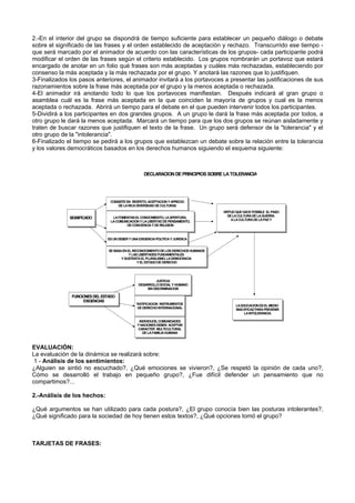 2.-En el interior del grupo se dispondrá de tiempo suficiente para establecer un pequeño diálogo o debate
sobre el significado de las frases y el orden establecido de aceptación y rechazo. Transcurrido ese tiempo -
que será marcado por el animador de acuerdo con las características de los grupos- cada participante podrá
modificar el orden de las frases según el criterio establecido. Los grupos nombrarán un portavoz que estará
encargado de anotar en un folio qué frases son más aceptadas y cuáles más rechazadas, estableciendo por
consenso la más aceptada y la más rechazada por el grupo. Y anotará las razones que lo justifiquen.
3-Finalizados los pasos anteriores, el animador invitará a los portavoces a presentar las justificaciones de sus
razonamientos sobre la frase más aceptada por el grupo y la menos aceptada o rechazada.
4-El animador irá anotando todo lo que los portavoces manifiestan. Después indicará al gran grupo o
asamblea cuál es la frase más aceptada en la que coinciden la mayoría de grupos y cual es la menos
aceptada o rechazada. Abrirá un tiempo para el debate en el que pueden intervenir todos los participantes.
5-Dividirá a los participantes en dos grandes grupos. A un grupo le dará la frase más aceptada por todos, a
otro grupo le dará la menos aceptada. Marcará un tiempo para que los dos grupos se reúnan aisladamente y
traten de buscar razones que justifiquen el texto de la frase. Un grupo será defensor de la "tolerancia" y el
otro grupo de la "intolerancia".
6-Finalizado el tiempo se pedirá a los grupos que establezcan un debate sobre la relación entre la tolerancia
y los valores democráticos basados en los derechos humanos siguiendo el esquema siguiente:
EVALUACIÓN:
La evaluación de la dinámica se realizará sobre:
1 - Análisis de los sentimientos:
¿Alguien se sintió no escuchado?, ¿Qué emociones se vivieron?, ¿Se respetó la opinión de cada uno?,
Cómo se desarrolló el trabajo en pequeño grupo?, ¿Fue difícil defender un pensamiento que no
compartimos?...
2.-Análisis de los hechos:
¿Qué argumentos se han utilizado para cada postura?, ¿El grupo conocía bien las posturas intolerantes?,
¿Qué significado para la sociedad de hoy tienen estos textos?, ¿Qué opciones tomó el grupo?
TARJETAS DE FRASES:
DECLARACIONDEPRINCIPIOSSOBRELATOLERANCIA
SIGNIFICADO
CONSISTEEN RESPETO, ACEPTACIONYAPRECIO
DELARICADIVERSIDADDECULTURAS
LAFOMENTANELCONOCIMIENTO, LAAPERTURA,
LACOMUNICACIONYLALIBERTADDEPENSAMIENTO,
DECONCIENCIAYDERELIGION
ESUNDEBERYUNAEXIGENCIAPOLITICAYJURIDICA
VIRTUDQUEHACEPOSIBLE ELPASO
DELACULTURADELAGUERRA
ALACULTURADELAPAZY
SEBASAENELRECONOCIMIENTODELOSDERECHOSHUMANOS
YLASLIBERTADESFUNDAMENTALES
YSUSTENTAELPLURALISMO, LADEMOCRACIA
YELESTADODEDERECHO
FUNCIONESDELESTADO
EXIGENCIAS
JUSTICIA
DESARROLLOSOCIALYHUMANO
SINDISCRIMINACION
RATIFICACION INSTRUMENTOS
DEDERECHOINTERNACIONAL
INDIVIDUOS, COMUNIDADES
YNACIONESDEBEN ACEPTAR
CARACTER MULTICULTURAL
DELAFAMILIAHUMANA
LAEDUCACIONESELMEDIO
MASEFICAZPARAPREVENIR
LAINTOLERANCIA
 