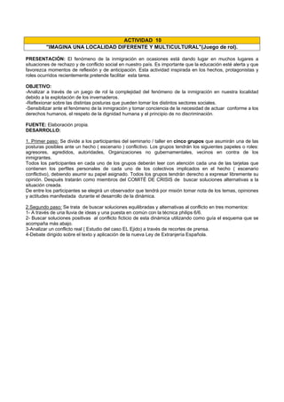 PRESENTACIÓN: El fenómeno de la inmigración en ocasiones está dando lugar en muchos lugares a
situaciones de rechazo y de conflicto social en nuestro país. Es importante que la educación esté alerta y que
favorezca momentos de reflexión y de anticipación. Esta actividad inspirada en los hechos, protagonistas y
roles ocurridos recientemente pretende facilitar esta tarea.
OBJETIVO:
-Analizar a través de un juego de rol la complejidad del fenómeno de la inmigración en nuestra localidad
debido a la explotación de los invernaderos.
-Reflexionar sobre las distintas posturas que pueden tomar los distintos sectores sociales.
-Sensibilizar ante el fenómeno de la inmigración y tomar conciencia de la necesidad de actuar conforme a los
derechos humanos, el respeto de la dignidad humana y el principio de no discriminación.
FUENTE: Elaboración propia.
DESARROLLO:
1. Primer paso: Se divide a los participantes del seminario / taller en cinco grupos que asumirán una de las
posturas posibles ante un hecho ( escenario ) conflictivo. Los grupos tendrán los siguientes papeles o roles:
agresores, agredidos, autoridades, Organizaciones no gubernamentales, vecinos en contra de los
inmigrantes.
Todos los participantes en cada uno de los grupos deberán leer con atención cada una de las tarjetas que
contienen los perfiles personales de cada uno de los colectivos implicados en el hecho ( escenario
conflictivo), debiendo asumir su papel asignado. Todos los grupos tendrán derecho a expresar libremente su
opinión. Después tratarán como miembros del COMITÉ DE CRISIS de buscar soluciones alternativas a la
situación creada.
De entre los participantes se elegirá un observador que tendrá por misión tomar nota de los temas, opiniones
y actitudes manifestada durante el desarrollo de la dinámica.
2.Segundo paso: Se trata de buscar soluciones equilibradas y alternativas al conflicto en tres momentos:
1- A través de una lluvia de ideas y una puesta en común con la técnica philips 6/6.
2- Buscar soluciones positivas al conflicto ficticio de esta dinámica utilizando como guía el esquema que se
acompaña más abajo.
3-Analizar un conflicto real ( Estudio del caso EL Ejido) a través de recortes de prensa.
4-Debate dirigido sobre el texto y aplicación de la nueva Ley de Extranjería Española.
ACTIVIDAD 10
"IMAGINA UNA LOCALIDAD DIFERENTE Y MULTICULTURAL"(Juego de rol).
 
