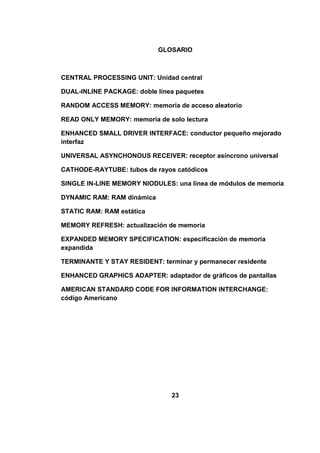 GLOSARIO



CENTRAL PROCESSING UNIT: Unidad central

DUAL-INLINE PACKAGE: doble línea paquetes

RANDOM ACCESS MEMORY: memoria de acceso aleatorio

READ ONLY MEMORY: memoria de solo lectura

ENHANCED SMALL DRIVER INTERFACE: conductor pequeño mejorado
interfaz

UNIVERSAL ASYNCHONOUS RECEIVER: receptor asíncrono universal

CATHODE-RAYTUBE: tubos de rayos catódicos

SINGLE IN-LINE MEMORY NIODULES: una línea de módulos de memoria

DYNAMIC RAM: RAM dinámica

STATIC RAM: RAM estática

MEMORY REFRESH: actualización de memoria

EXPANDED MEMORY SPECIFICATION: especificación de memoria
expandida

TERMINANTE Y STAY RESIDENT: terminar y permanecer residente

ENHANCED GRAPHICS ADAPTER: adaptador de gráficos de pantallas

AMERICAN STANDARD CODE FOR INFORMATION INTERCHANGE:
código Americano




                               23
 