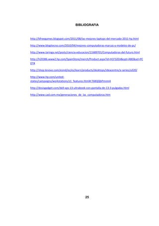 BIBLIOGRAFIA



http://bfreegames.blogspot.com/2011/08/las-mejores-laptops-del-mercado-2011-hp.html

http://www.blogitecno.com/2010/04/mejores-computadoras-marcas-y-modelos-de-pc/

http://www.taringa.net/posts/ciencia-educacion/11689701/Computadoras-del-futuro.html

http://h20386.www2.hp.com/SpainStore/merch/Product.aspx?id=H1F32EA&opt=ABE&sel=PC
DT#

http://shop.lenovo.com/esind/es/es/learn/products/desktops/ideacentre/a-series/a320/

http://www.hp.com/united-
states/campaigns/workstations/z1_features.html#.T6BQQbPmnm4

http://dosisgadget.com/dell-xps-13-ultrabook-con-pantalla-de-13-3-pulgadas.html

http://www.cad.com.mx/generaciones_de_las_computadoras.htm




                                           25
 
