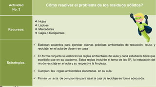 Actividad
No. 3
Cómo resolver el problema de los residuos sólidos?
Recursos:
 Hojas
 Lápices
 Marcadores
 Cajas o Recipientes
Estrategias:
 Elaboran acuerdos para ejercitar buenas prácticas ambientales de reducción, reuso y
reciclaje en el aula de clase y en casa
 En forma conjunta se elaboran las reglas ambientales del aula y cada estudiante tiene que
escribirlo que en su cuaderno. Estas reglas incluirán el tema de las 5R, la instalación del
rincón reciclaje en el aula y su respectiva la limpieza.
 Cumplen las reglas ambientales elaboradas en su aula.
 Firman un acta de compromiso para usar la caja de reciclaje en forma adecuada.
 