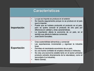 Características
Importación
• Lo que se importa se produce en el exterior
• Se importa seguramente porque no se produce en el país
que lo importa.
• Puede que se hubiera producido el producto en el país,
pero se quiere conocer el producto de otro país por
diferencia en calidad u otras características.
• La importación afecta la economía de un país, en el
sentido que afecta la balanza comercial.
• José David González.
Exportación
• Crea sostenibilidad alimenticia y comercial
• Las exportaciones incrementan y vigorizan la industria
local.
• Permiten el crecimiento económico de un país.
• Es una fuente confiable de empleos directos e indirectos.
• Se crea una economía estable tanto en el sector primario(
producto extraído directamente de la naturaleza), como el
secundario (La industria).
• Mario Gómez.
 