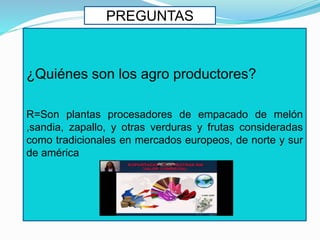 PREGUNTAS
¿Quiénes son los agro productores?
R=Son plantas procesadores de empacado de melón
,sandia, zapallo, y otras verduras y frutas consideradas
como tradicionales en mercados europeos, de norte y sur
de américa
 