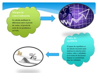 Margen de
comercialización
Se calcula mediante la
diferencia entre el precio
de venta y el precio de
coste de ese producto o
servicio.
Punto de
equilibrio
El punto de equilibrio es
un cálculo necesario para
analizar la relación entre
costos, valor y utilidades
en la toma de decisiones.
Supone la rentabilidad
para las utilidades
 