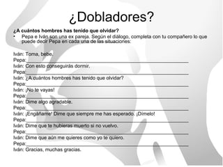 ¿Dobladores?
¿A cuántos hombres has tenido que olvidar?
• Pepa e Iván son una ex pareja. Según el diálogo, completa con tu compañero lo que
   puede decir Pepa en cada una de las situaciones:

Iván: Toma, bebe.
Pepa:___________________________________________________________
Iván: Con esto conseguirás dormir.
Pepa:___________________________________________________________
Iván: ¿A cuántos hombres has tenido que olvidar?
Pepa:___________________________________________________________
Iván: ¡No te vayas!
Pepa:___________________________________________________________
Iván: Dime algo agradable.
Pepa:___________________________________________________________
Iván: ¡Engáñame! Dime que siempre me has esperado. ¡Dímelo!
Pepa:___________________________________________________________
Iván: Dime que te hubieras muerto si no vuelvo.
Pepa:___________________________________________________________
Iván: Dime que aún me quieres como yo te quiero.
Pepa:___________________________________________________________
Iván: Gracias, muchas gracias.
 