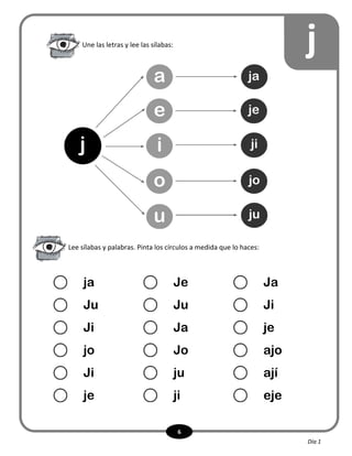 6
jUne las letras y lee las sílabas:
Lee sílabas y palabras. Pinta los círculos a medida que lo haces:
ja Je Ja
Ju Ju Ji
Ji Ja je
jo Jo ajo
Ji ju ají
je ji eje
j
a
e
i
o
u
ja
je
ji
jo
ju
Día 1
 