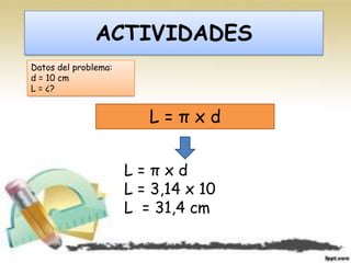 ACTIVIDADES
Datos del problema:
d = 10 cm
L = ¿?


                         L=πxd


                      L=πxd
                      L = 3,14 x 10
                      L = 31,4 cm
 